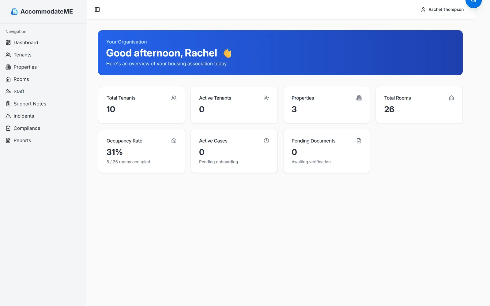 AccomPro dashboard showing tenant, property, room and occupancy statistics