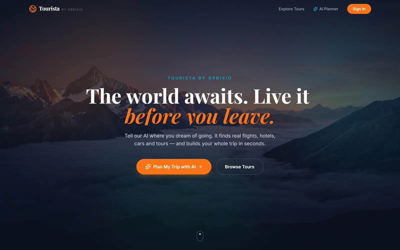 Tourista home page with the heading The world awaits and a Plan My Trip with AI call to action